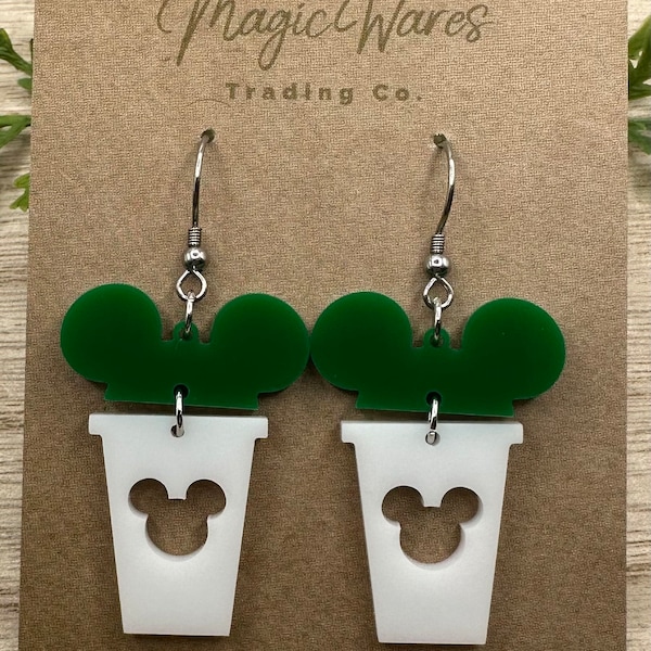 Main Street Coffee, Mouse ears Coffee cup, Laser cut Green and White Acrylic Earrings, Made to order, Glowforge Earrings