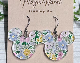 Fairy Glitter Floral Mouse Dangle Earrings, Laser cut Floral acrylic, Flower and Garden Festival