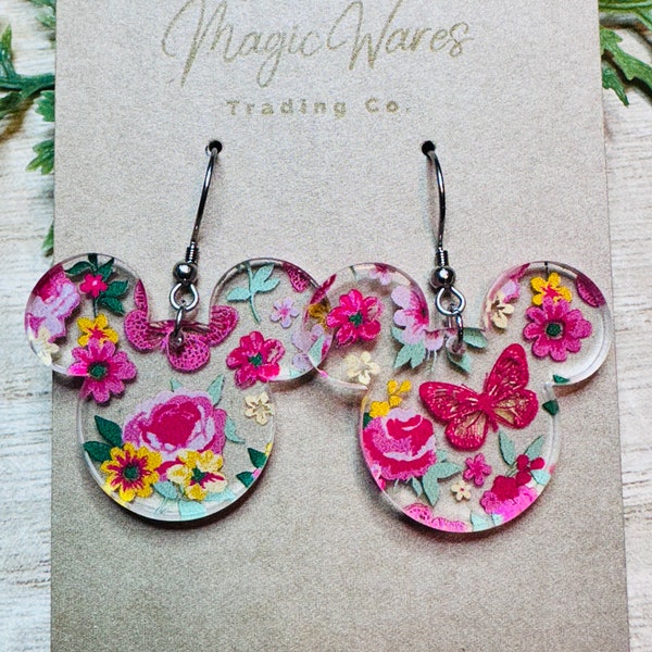 Kolczyki wiszące w kształcie głowy myszy z motywem motyla, wycinane laserowo, kolczyki z kryształu akrylowego z kwiatowym wzorem, kolczyki wiszące, kolczyki ręcznie robione