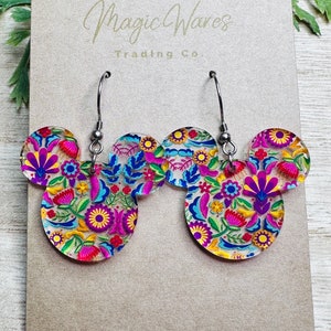 Madrigal Floral, Traditional Mexican Floral Pattern Acrylic, Mouse head shaped Laser cut Acrylic Earrings, Lightweight dangle earrings