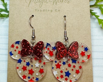 Patriotic Stars, Red Glitter Minnie Bow Dangle, Laser cut Stars Pattern Acrylic Earrings, Made to order, Fourth of July earrings