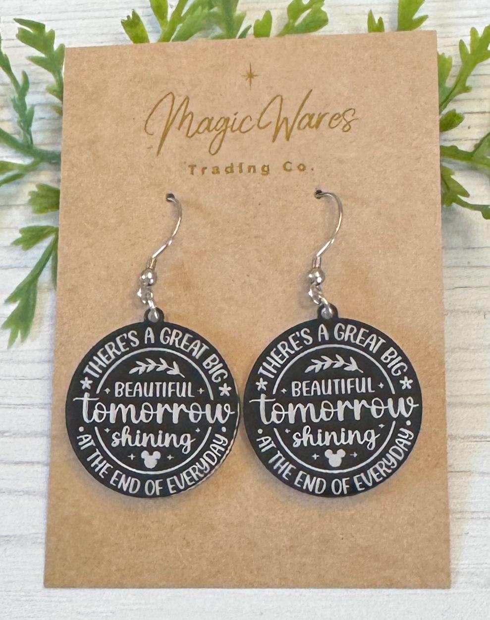 Great Big Beautiful Tomorrow Dangle Earrings, Black or Clear Round Acrylic Earrings, Laser Engraved Carousel of Progress Earrings
