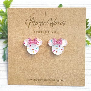 White Sprinkles Mouse Stud Earrings with Pink Glitter Bow, Clip ons available