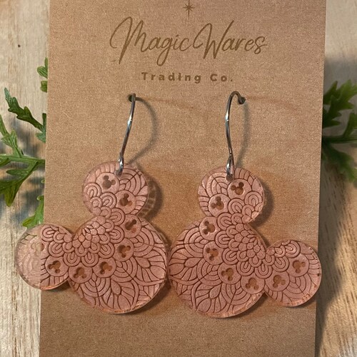 Rose Mandala Mickey, Engraved Rose Crystal Acrylic Earrings, Made to order, Laser Engraved, Glowforge Earrings