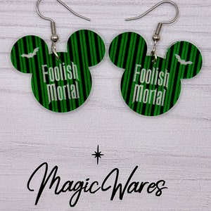Foolish Mortal Engraved Dangle Earrings, Laser Cut Green Striped pattern Acrylic, Haunted Mansion inspired immagine 2