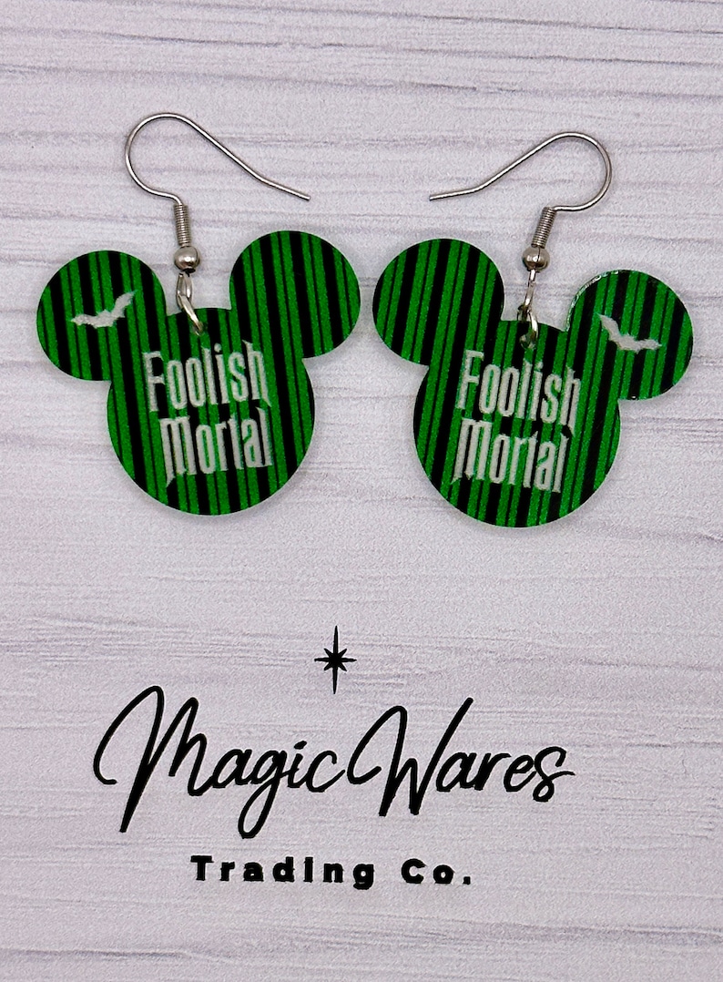 Foolish Mortal Engraved Dangle Earrings, Laser Cut Green Striped pattern Acrylic, Haunted Mansion inspired immagine 2