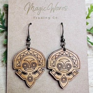Poly Tiki, Laser Cut and Engraved Cherry Hardwood, Dangle Earrings, Stained wood earrings, Made to order