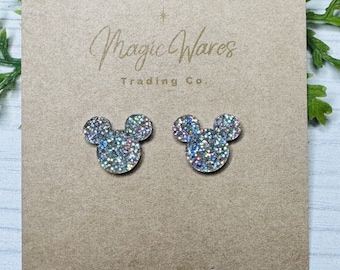 Holographic Glitter Mouse Stud Earrings, Laser Cut Acrylic, Clip-ons available