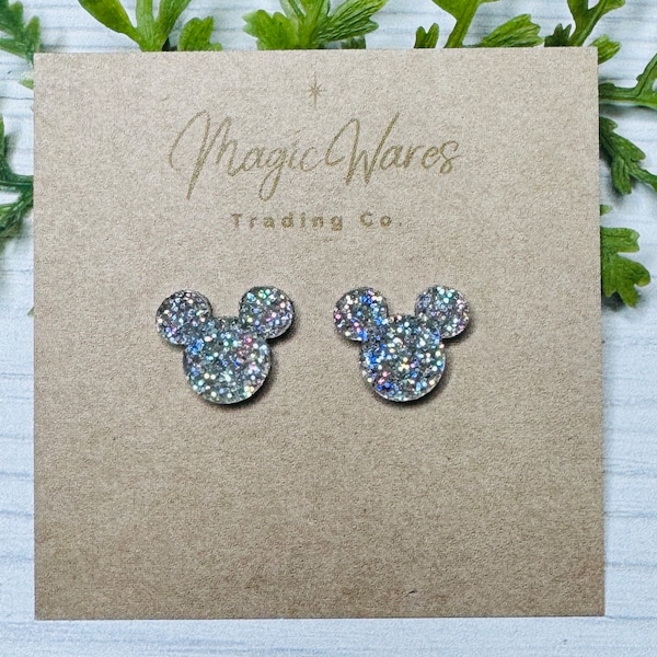 Holographic Glitter Mouse Stud Earrings, Laser Cut Acrylic, Clip-ons available