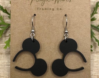 Classic Mouse, Mouse ears headband, Laser cut Black Matte Acrylic Earrings, Made to order, Laser Engraved, Glowforge Earrings