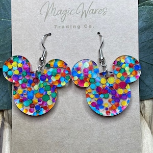 Adventure Mouse UP inspire Rainbow Dots Pattern Acrylic, Mouse head dangle earring UP Earrings