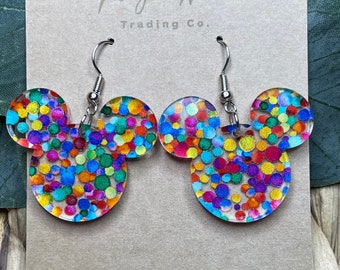 Adventure Mouse UP inspired Earrings, Rainbow Dots Laser cut acrylic dangles, NEW smaller size available