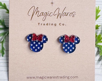 Patriotic Stars Mouse Studs with Red Glitter Bow, Surgical stainless steel posts, Clip-ons available