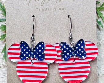 Stars and Stripes, Minnie Bow Dangle, Laser cut Pattern Acrylic Earrings, Made to order, handmade earrings, Glowforge Earrings