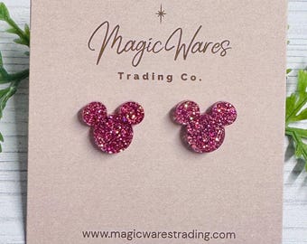 Raspberry Iridescent Glitter Mouse Studs, Laser Cut Acrylic with stainless steel posts, Clip-ons available