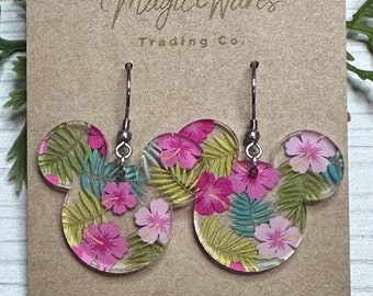 Pink Hibiscus Mouse Head Dangle Earrings, Laser Cut Pink Hawaiian Hibiscus Patterned Acrylic Dangle Earrings, Aulani inspired earrings