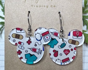 Nurse Inspired Mouse head Laser cut Dangle Earrings, Nurse Appreciation Patterned Crystal Acrylic Earrings, Gift for Nurse, Gift for Doctors