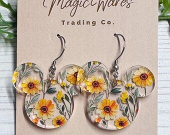 Sunshine Blooms Mouse Dangle Earrings, Yellow Floral Acrylic, Flower and Garden