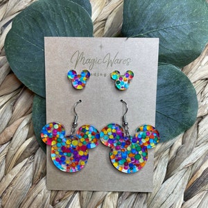 Mom and Me, Adventure Mickey, Stud and Dangle Laser cut Rainbow Dot Pattern Acrylic Earring set, Made to order, UP inspired