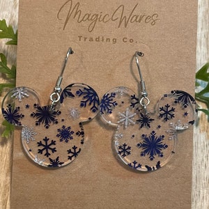 Frozen, Snowflake Laser Cut Blue and Silver patterned Crystal Acrylic Earrings, Winter Dangle Earrings Elsa inspired Christmas earrings