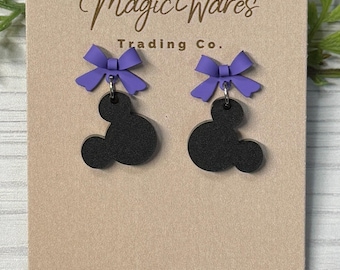Purple Bow with Black Mouse Head Dangle Earrings,  Laser Cut Acrylic and Stainless Steel Stud Earrings, Minnie inspired earrings