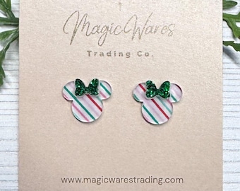 Pastel Candy Cane Stripe Mouse Head Stud Earrings: Green Glitter Bow, Clip-ons available