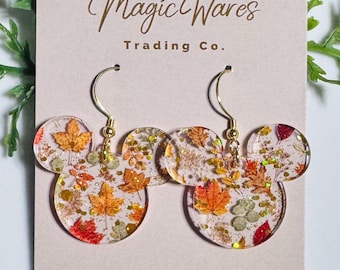 Pressed Leaves Mouse Head Dangles, Laser Cut Fall patterned Crystal Acrylic Earrings