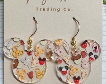 Snacks Mouse Laser Cut Dangle Earrings, Parks snacks clear patterned acrylic earrings