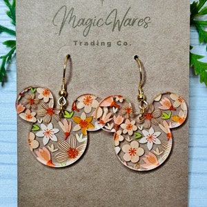 Orange Floral Mouse Earrings, Laser Cut, Orange Peach Floral patterned Crystal Acrylic Earrings, Dangle Earrings, Made to order