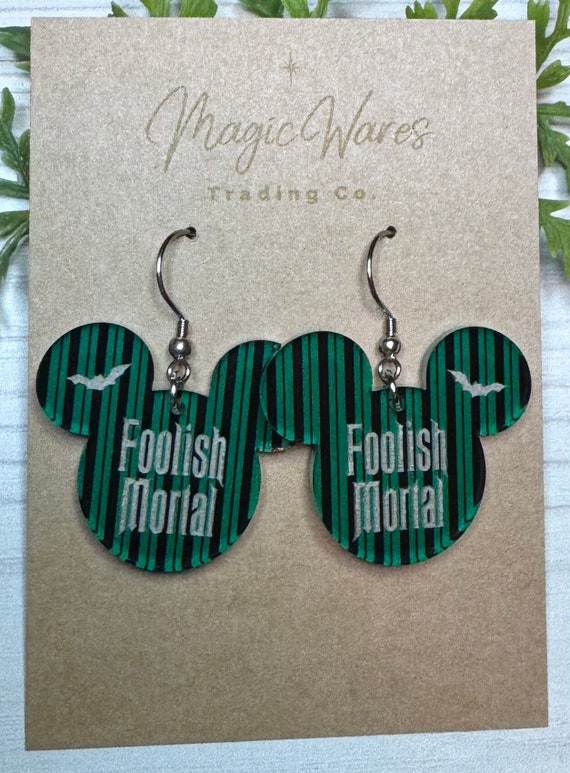 Foolish Mortal Engraved Dangle Earrings, Laser Cut Green Striped pattern Acrylic, Haunted Mansion inspired