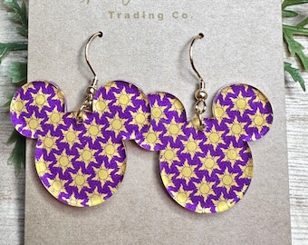 Lost Princess, Mouse head shaped Laser cut Acrylic Earrings, Custom Printed Tangled Pattern Acrylic, Dangle Earrings, Lightweight earrings