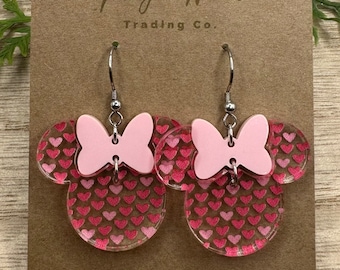 Sweetheart Minnie, Pink Acrylic Minnie Bow Dangle, Laser cut Hearts Pattern Acrylic Earrings, handmade earrings, Glowforge Earrings