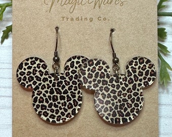 Leopard Mouse, Laser Cut Light Brown Leopard pattern on Crystal Acrylic Earrings Dangle Earrings Animal Kingdom Earrings