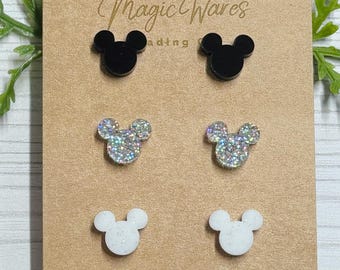 Monochrome Mouse Studs Trio, Small stud Earrings Multi Color Glitter earrings