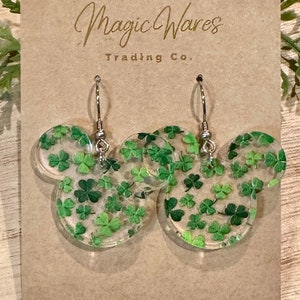 Lucky Mouse, Mouse head Laser cut Four Leaf Clover Patterned Crystal Acrylic Earrings, St. Patricks Day earrings, Glowforge Earrings