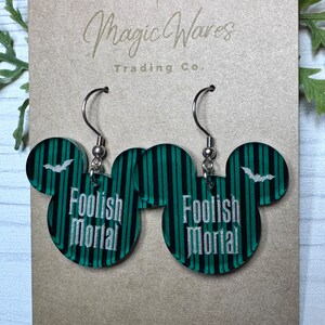 Foolish Mortal Engraved Dangle Earrings, Laser Cut Green Striped pattern Acrylic, Haunted Mansion inspired immagine 3