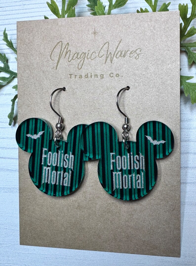 Foolish Mortal Engraved Dangle Earrings, Laser Cut Green Striped pattern Acrylic, Haunted Mansion inspired immagine 3
