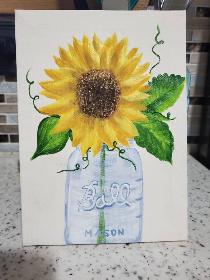 Sunflower Simple Mason Jar With One Sunflower Bright And Vibrant With Hints Of Gold Painting Art Collectibles Kromasol Com