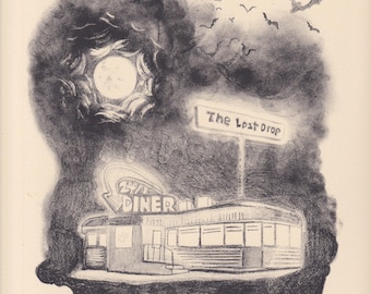 Handgedrukte lithografie van The Last Drop a vampire diner