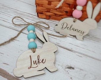 Beaded Easter Basket Tag | Bunny Name Tag | Easter Name Tag | Wooden Bead Name Tag | Rustic Easter | Farmhouse Easter