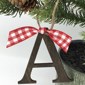 Rustic Initial Christmas Ornament: Laser Cut Wood, Red Check Ribbon