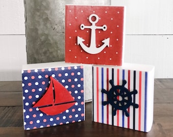 Trío de bloques náuticos: Decoración de estantería costera para el 4 de julio