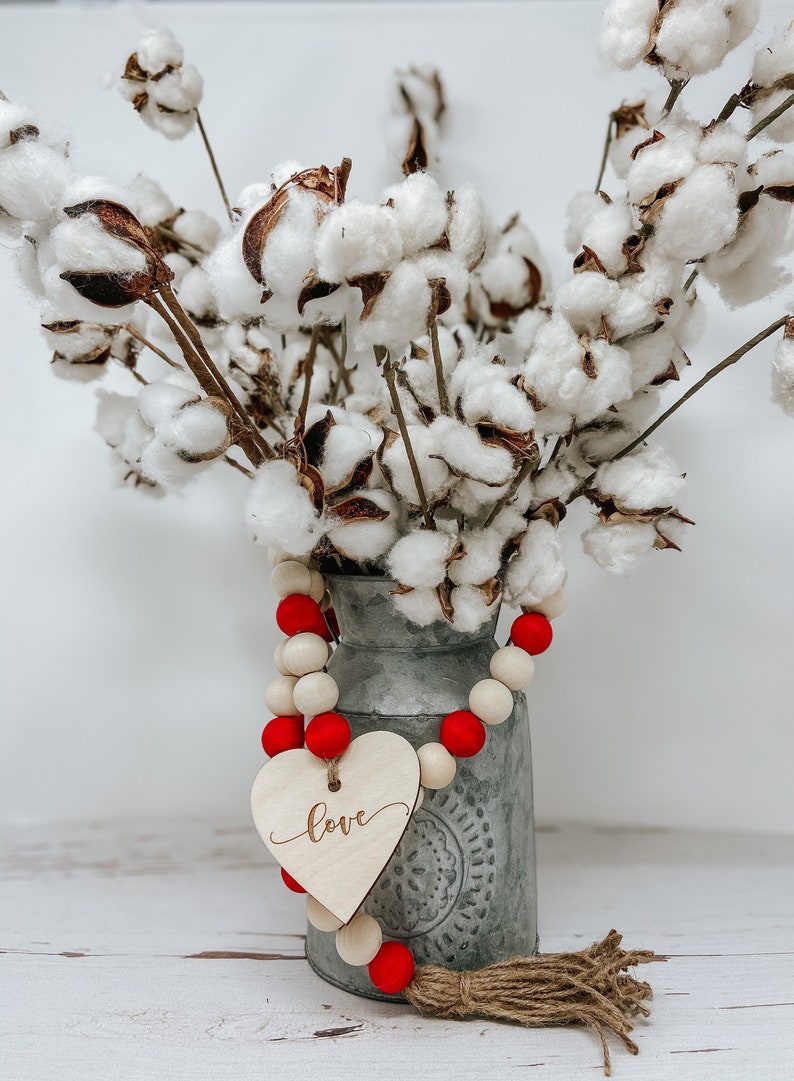 Valentines Beaded Garland Beaded Garland Valentines Day Wooden Bead Garland Rustic Valentines Farmhouse Valentines image 1