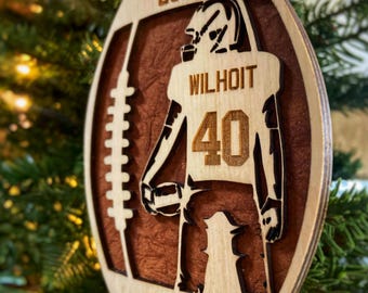 Personalized Football Ornament - Wooden Sports Team Keepsake with Name, Year, & School