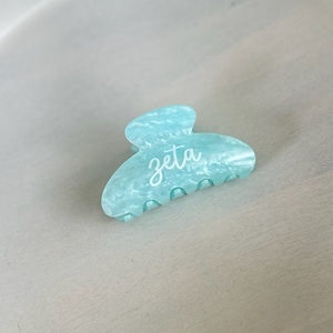 May include: A light blue hair claw with a marbled effect and the word "zeta" written in white.