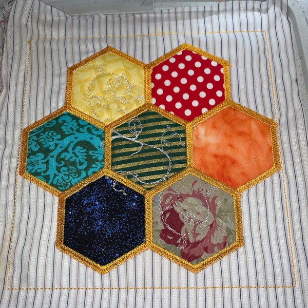 Hexagon Crazy Quilt block Machine Embroidery