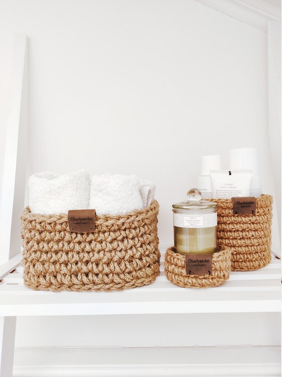 Small Jute Basket, Bathroom and Kitchen Storage Basket, Crochet Jute Basket,  Home Organizer 