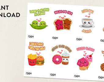 Food In Love Valentine Cards Digital Download 8.5x11 Valentine Cards Food Themed Unisex Colorful Gender Neutral Valentines