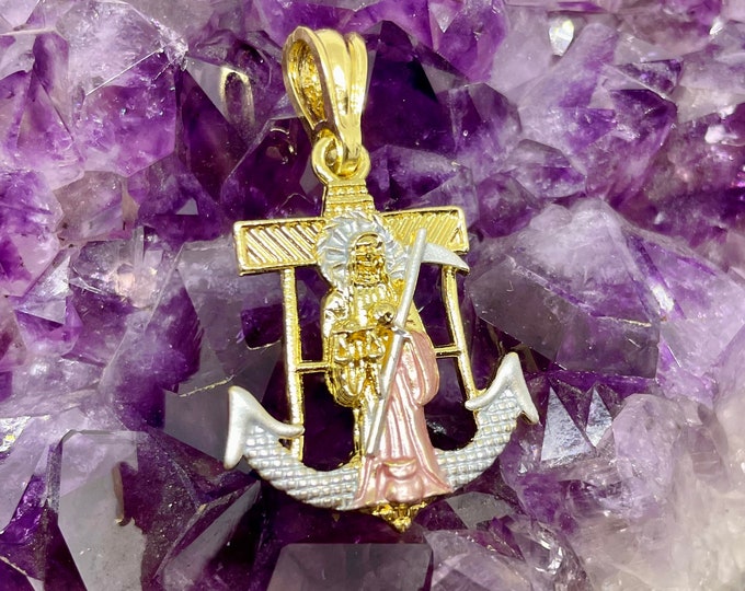 14K Gold Plated Santa Muerte Anchor Pendant