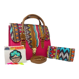 Mexikanische Artesanal Handtasche mit handbemalter Geldbörse, Portemonnaie und Frida Kahlo Quaste. Bolsa Mexicana Artesanal con accesorios hecho a mano